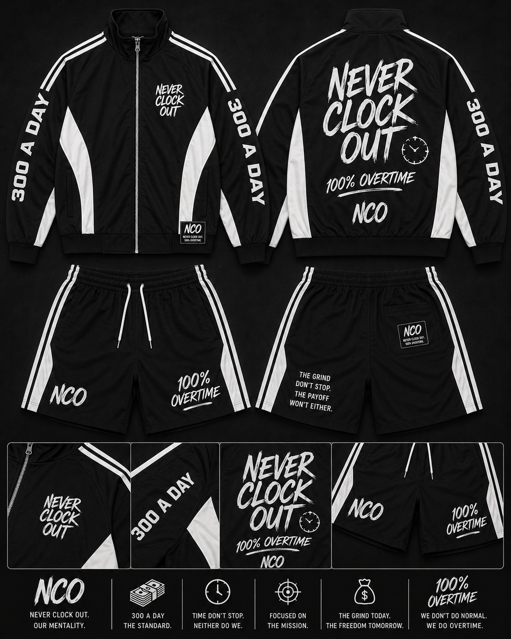 NCO 100% Overtime Rhinestone Hoodie & Flare Pants Set (Preorder)