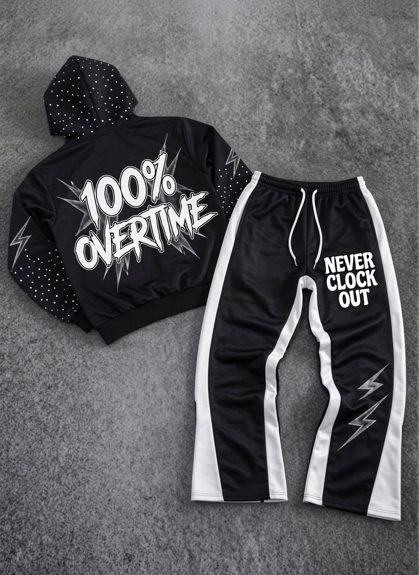 NCO 100% Overtime Rhinestone Hoodie & Flare Pants Set (Preorder)